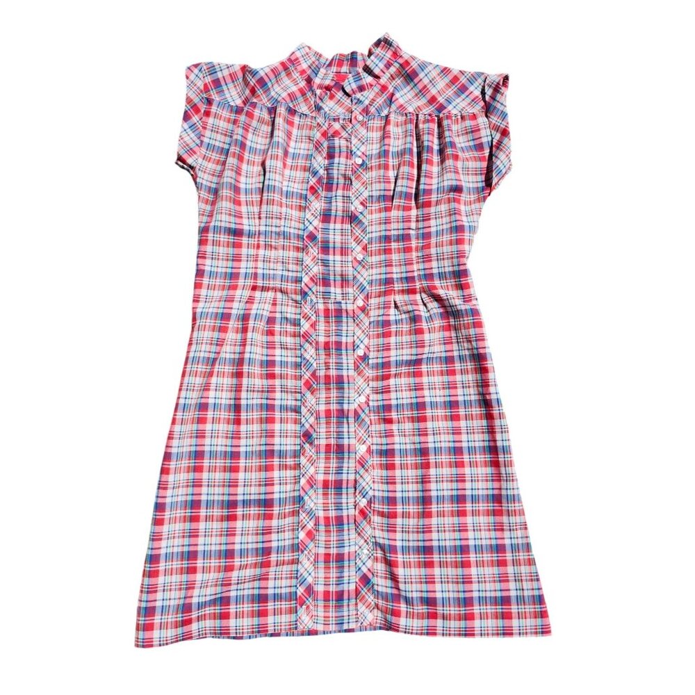 Vintage Women's Large Red/Blue Plaid Short-Sleeve Dress Collared Pleated Front